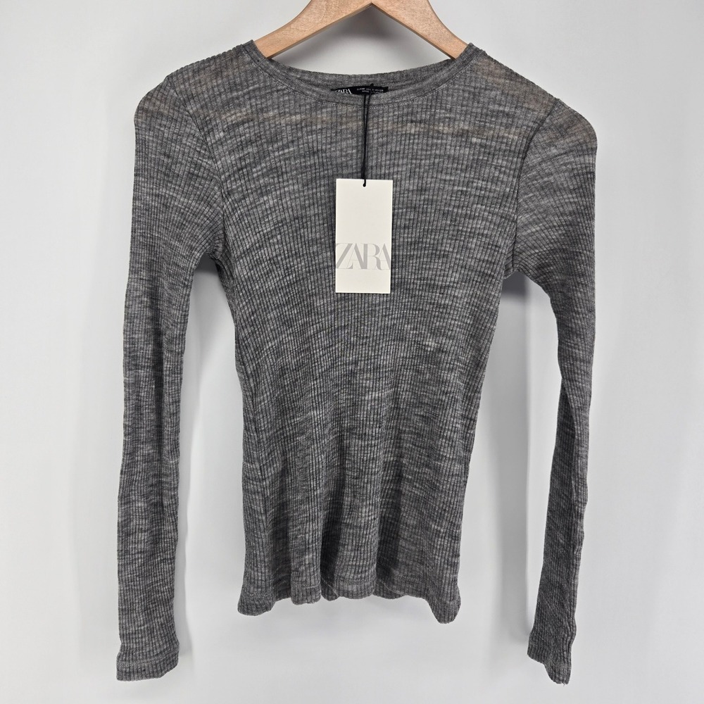 ZARA Top Women M Gray Long Sleeve Ribbed Wool Blend Knit Crew Neck Lightweight